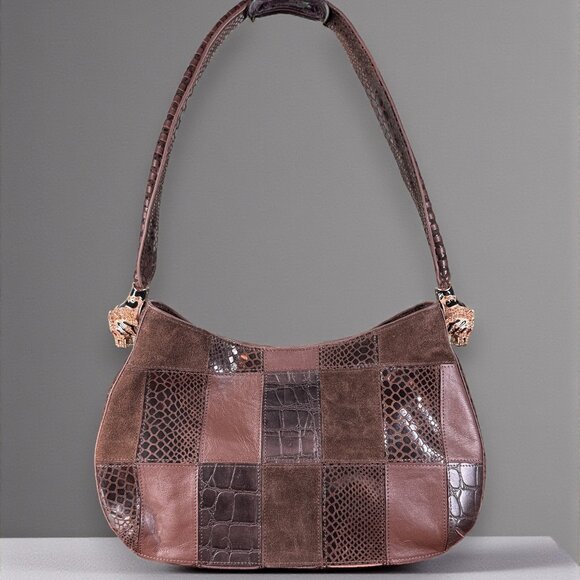 Sharif Handbags - Sharif Suede and Leather Python Embossed Patchwork Gold Tiger Head Shoulder Bag